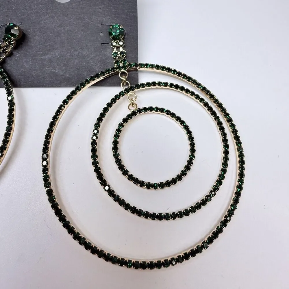 bebe Gold Tone Triple Row Emerald Green Rhinestone Hoop Dangle Earrings New